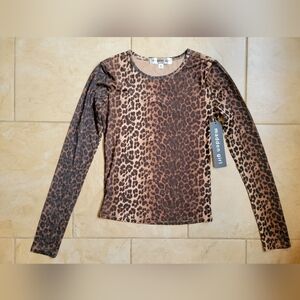 Madden Girl Leopard Sheer Long Sleeve Shirt-XS